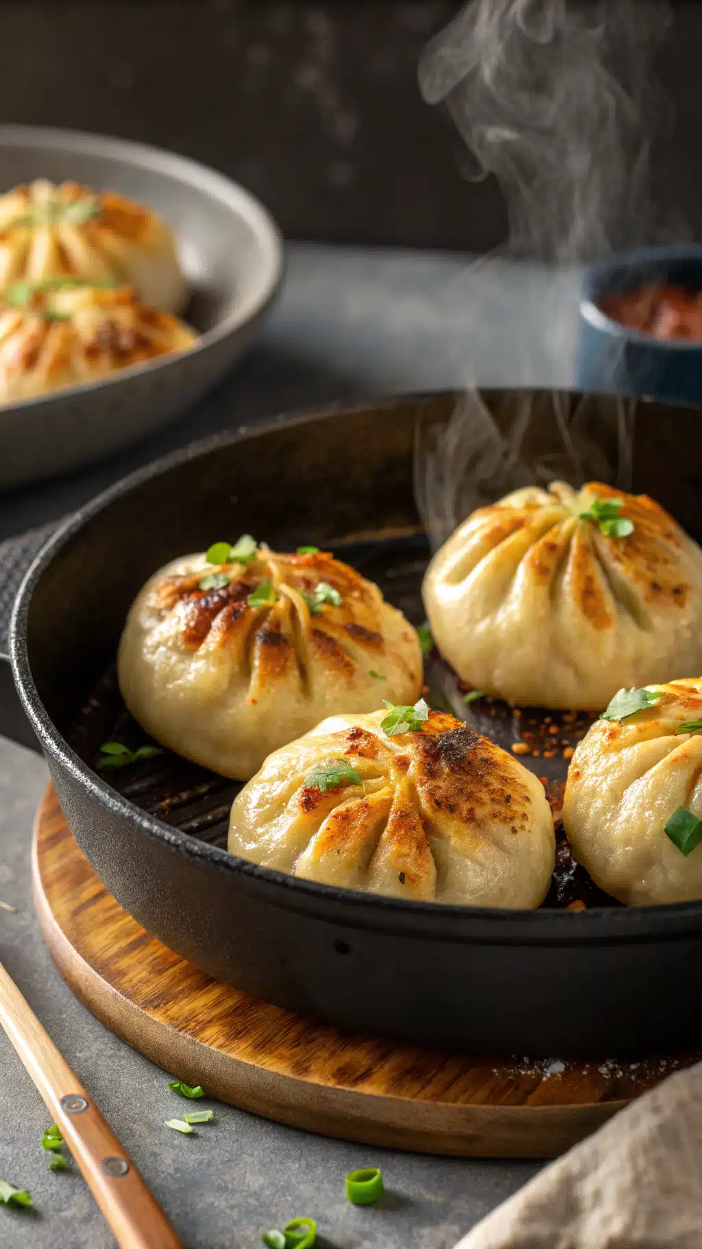 Vegan Pan-Fried Buns That Taste Incredible – Crispy, Juicy, Easy 3 vegan pan-fried buns in skillet
