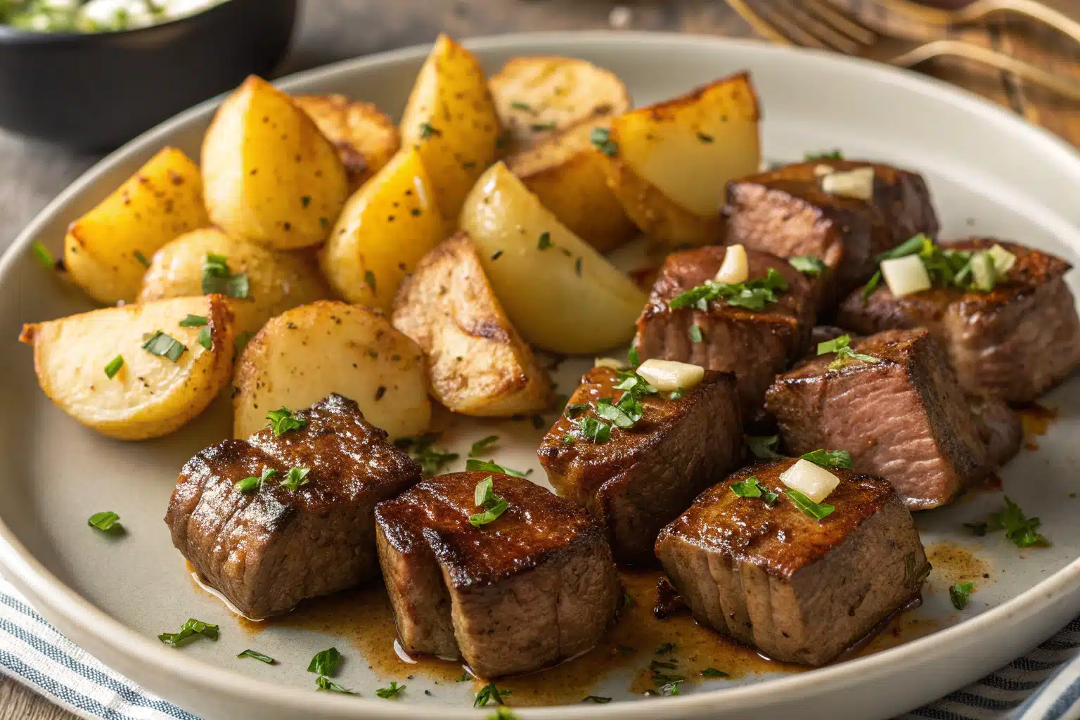 Quick & Irresistible Garlic Steak Bites and Potatoes Recipe 1 garlic steak bites and potatoes