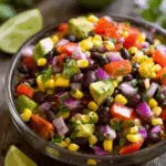 Glass bowl filled with no-cook Mexican bean salad made with black beans, corn, red onion, avocado, and lime on a rustic wooden surface.