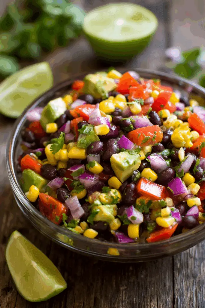 Glass bowl filled with no-cook Mexican bean salad made with black beans, corn, red onion, avocado, and lime on a rustic wooden surface.