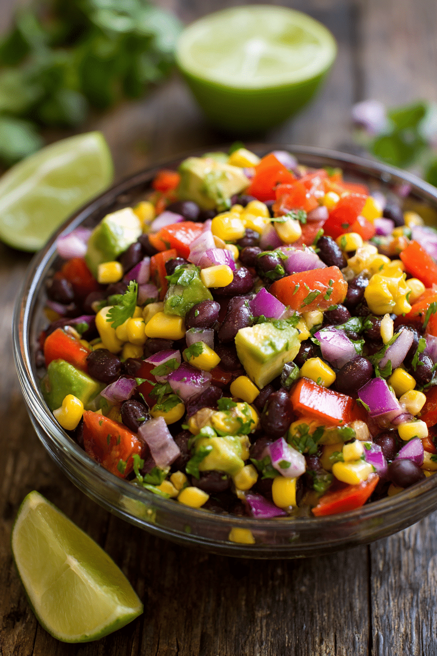 No-Cook Mexican Bean Salad (Fresh, Fast & Flavorful) 1 Glass bowl filled with no-cook Mexican bean salad made with black beans, corn, red onion, avocado, and lime on a rustic wooden surface.