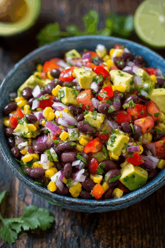 No-Cook Mexican Bean Salad (Fresh, Fast & Flavorful) 3 Blue ceramic bowl filled with Mexican bean salad featuring avocado, corn, black beans, red onion, tomatoes, and cilantro.