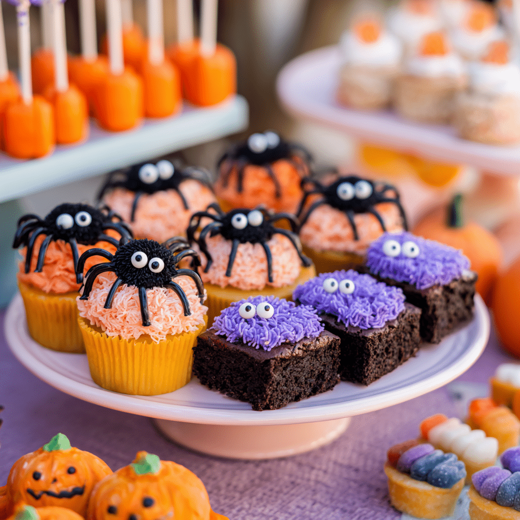 Easy Halloween dessert recipes for kids dessert table with spider cupcakes