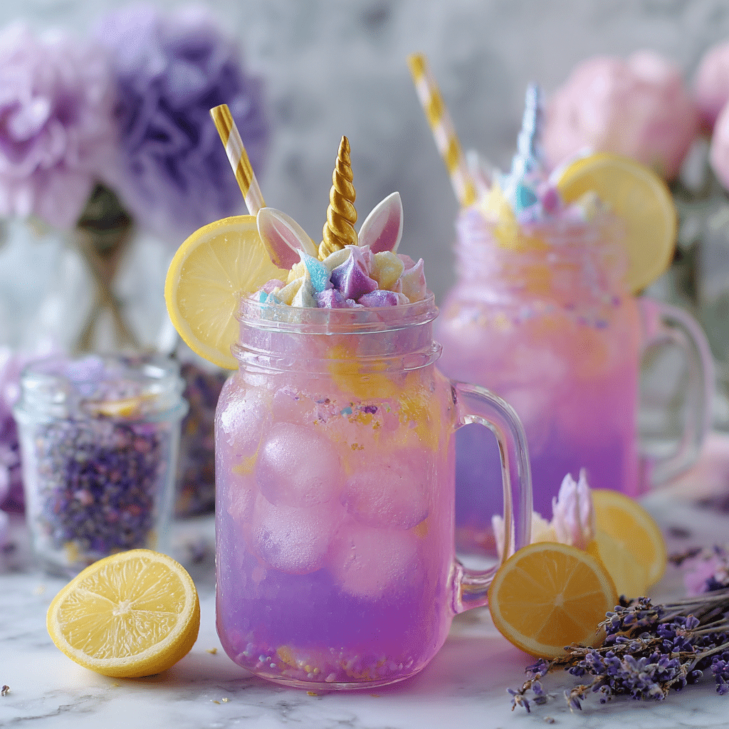 Enchanted Unicorn Lemonade | Magical & Refreshing Recipe Idea 1 Unicorn-themed lemonade topped with rainbow whipped cream, lemon wheels, and golden horn toppers.