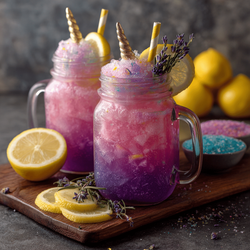 Enchanted Unicorn Lemonade | Magical & Refreshing Recipe Idea 4 Two jars of enchanted unicorn lemonade with gradient pink and purple ice, lemon slices, and golden unicorn horns.