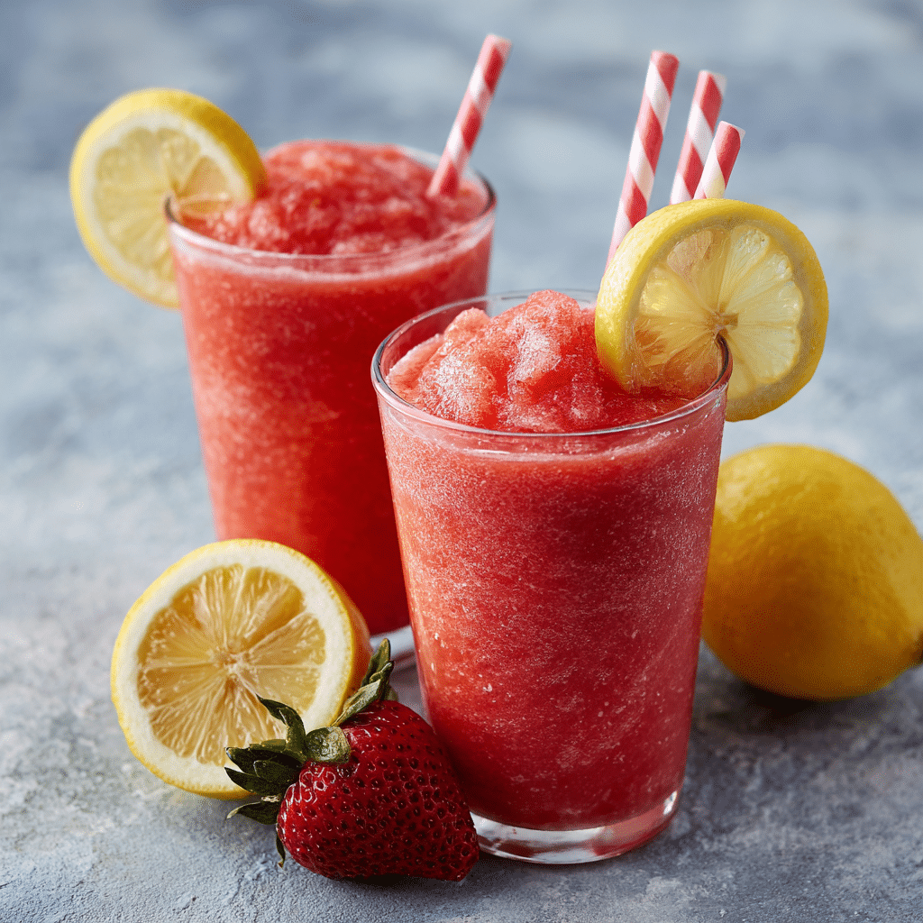 What Makes This Frozen Strawberry Lemonade So Good 1 Two frozen strawberry lemonades with lemon slices and striped straws, surrounded by fresh fruit.