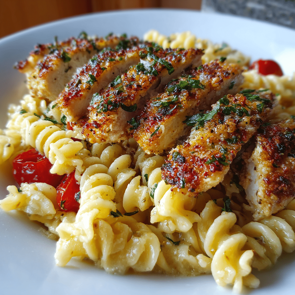 Garlic Parmesan Chicken and Pasta That’s Creamy, Crispy, and Ridiculously Easy 4 Garlic Parmesan Chicken and Pasta strips served over rotini pasta with roasted cherry tomatoes.