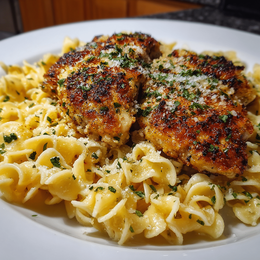Garlic Parmesan Chicken and Pasta That’s Creamy, Crispy, and Ridiculously Easy 3 Garlic Parmesan Chicken and Pasta breasts over egg noodles with parmesan and herbs.