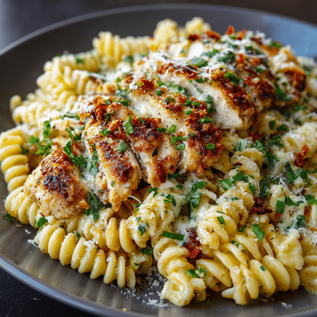 Garlic parmesan chicken slices on rotini pasta with parmesan, herbs, and creamy sauce.