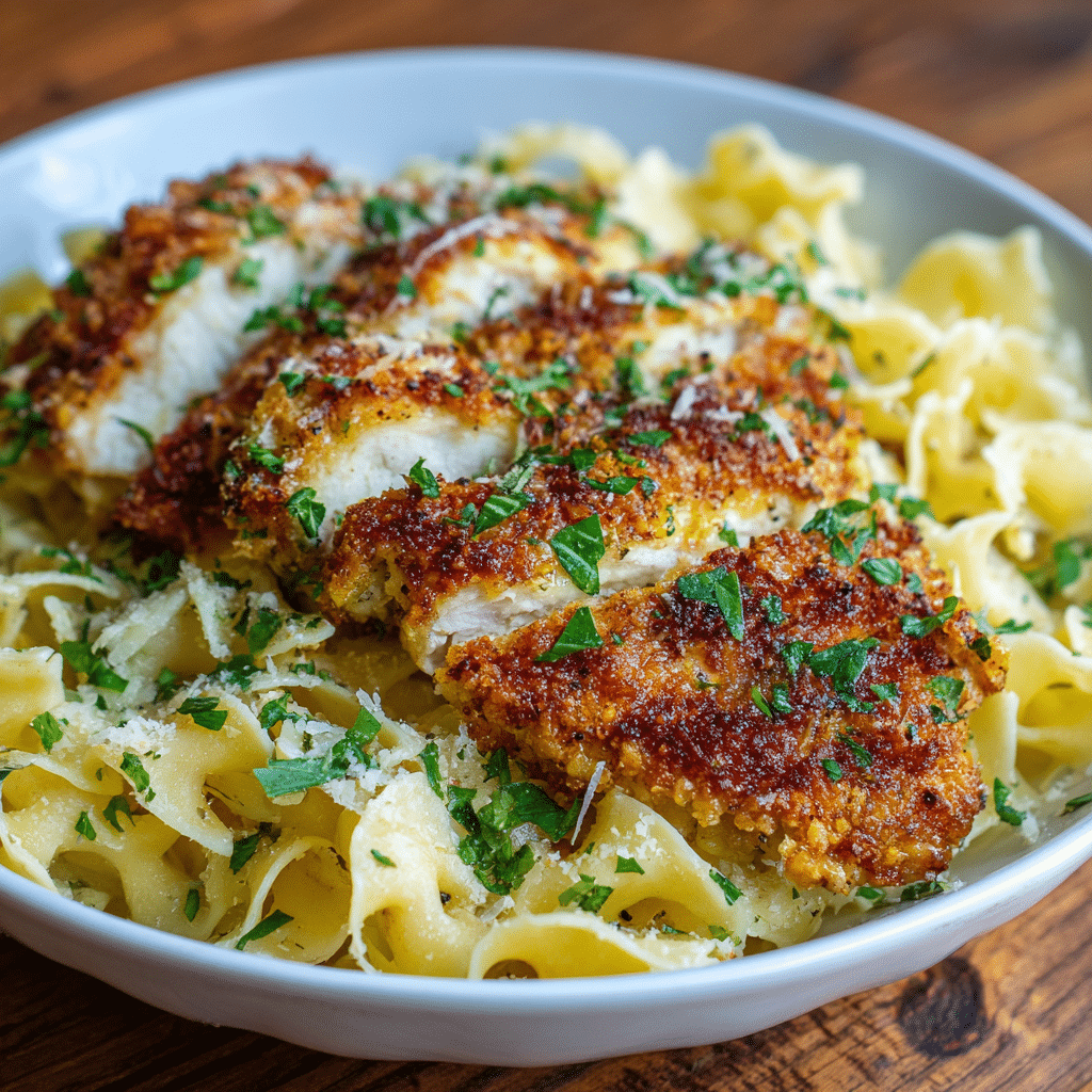 Garlic Parmesan Chicken and Pasta That’s Creamy, Crispy, and Ridiculously Easy 1 Sliced garlic parmesan chicken served over ribbon pasta with parsley and parmesan.