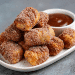 Stack of air fryer churro bites rolled in cinnamon sugar next to a bowl of chocolate sauce.