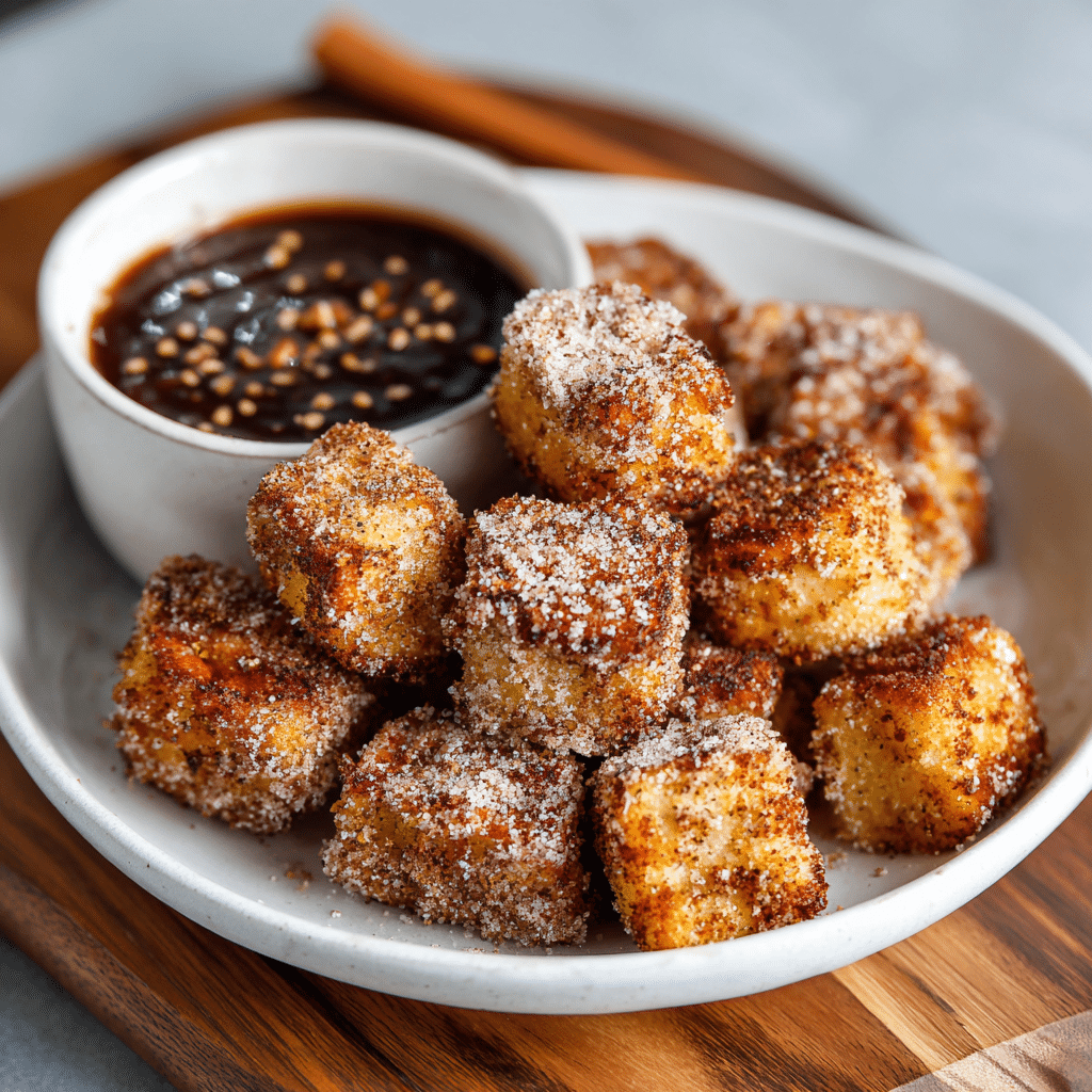 Healthy Air Fryer Churro Bites with cinnamon sugar served on a white plate with chocolate sauce.