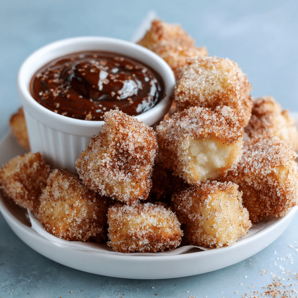 Plate of Healthy Air Fryer Churro Bites coated in cinnamon sugar served with chocolate dipping sauce.