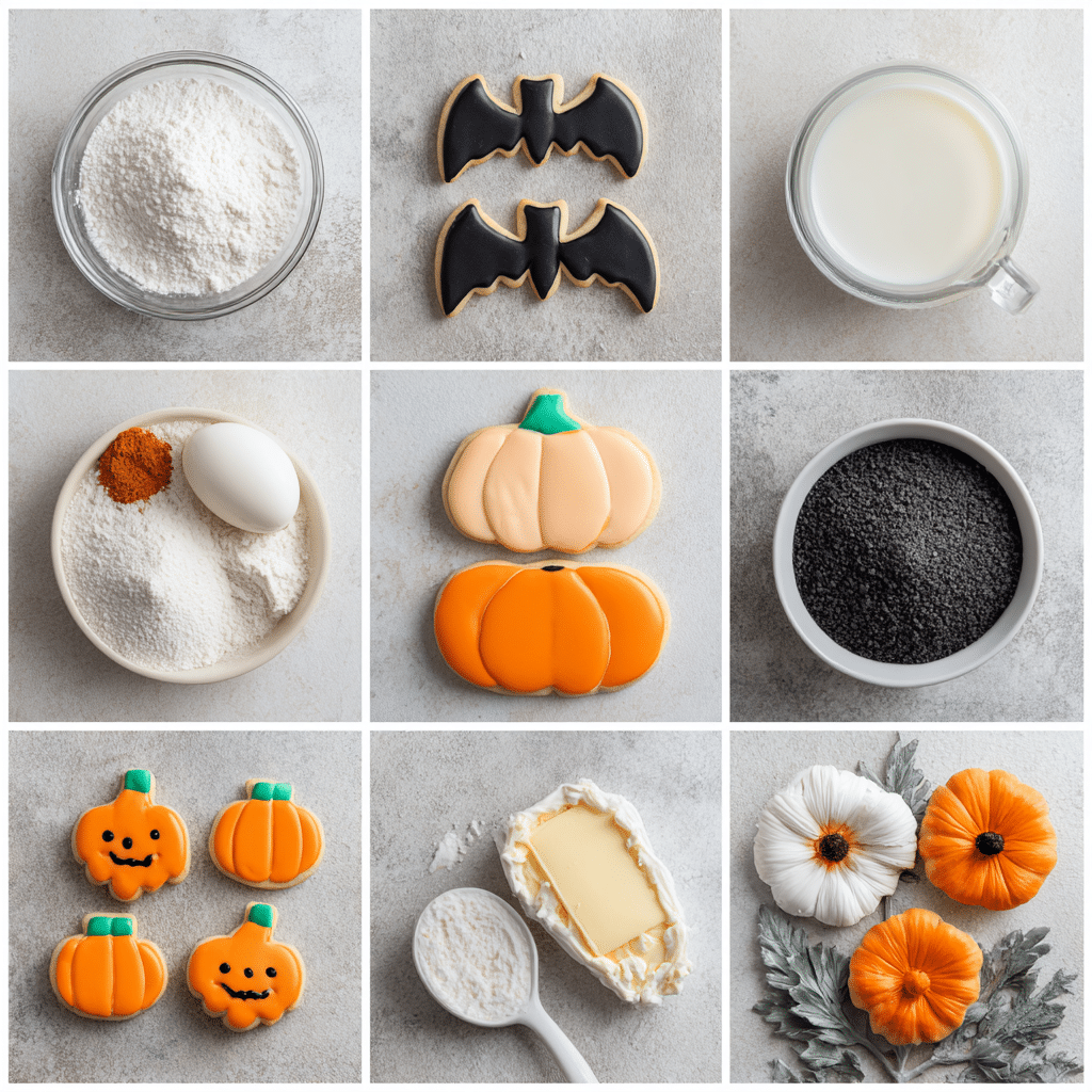 Easy Halloween Cookie Recipes (Sugar Cookies with Spooky Icing & Black Cat Cookies) 3 Ingredients and designs for Easy Halloween Sugar Cookies, including pumpkins, bats, flour, and butter.