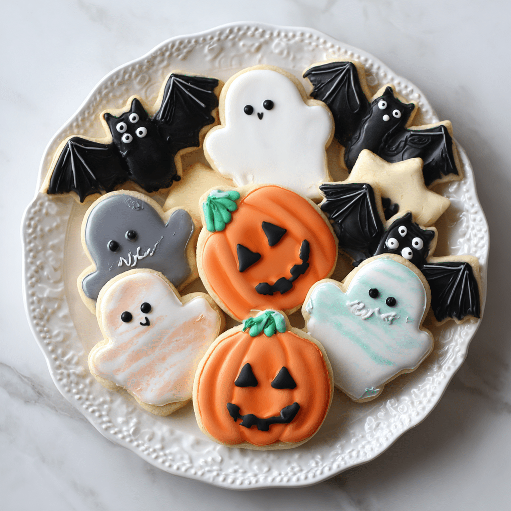 Easy Halloween Cookie Recipes (Sugar Cookies with Spooky Icing & Black Cat Cookies) 4 Easy Halloween sugar cookies with ghost, pumpkin, and black bat designs on a white plate.