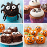 Easy Halloween dessert recipes for kids featuring spider cupcakes, black cat cupcakes, monster brownies, and pumpkin cake pops