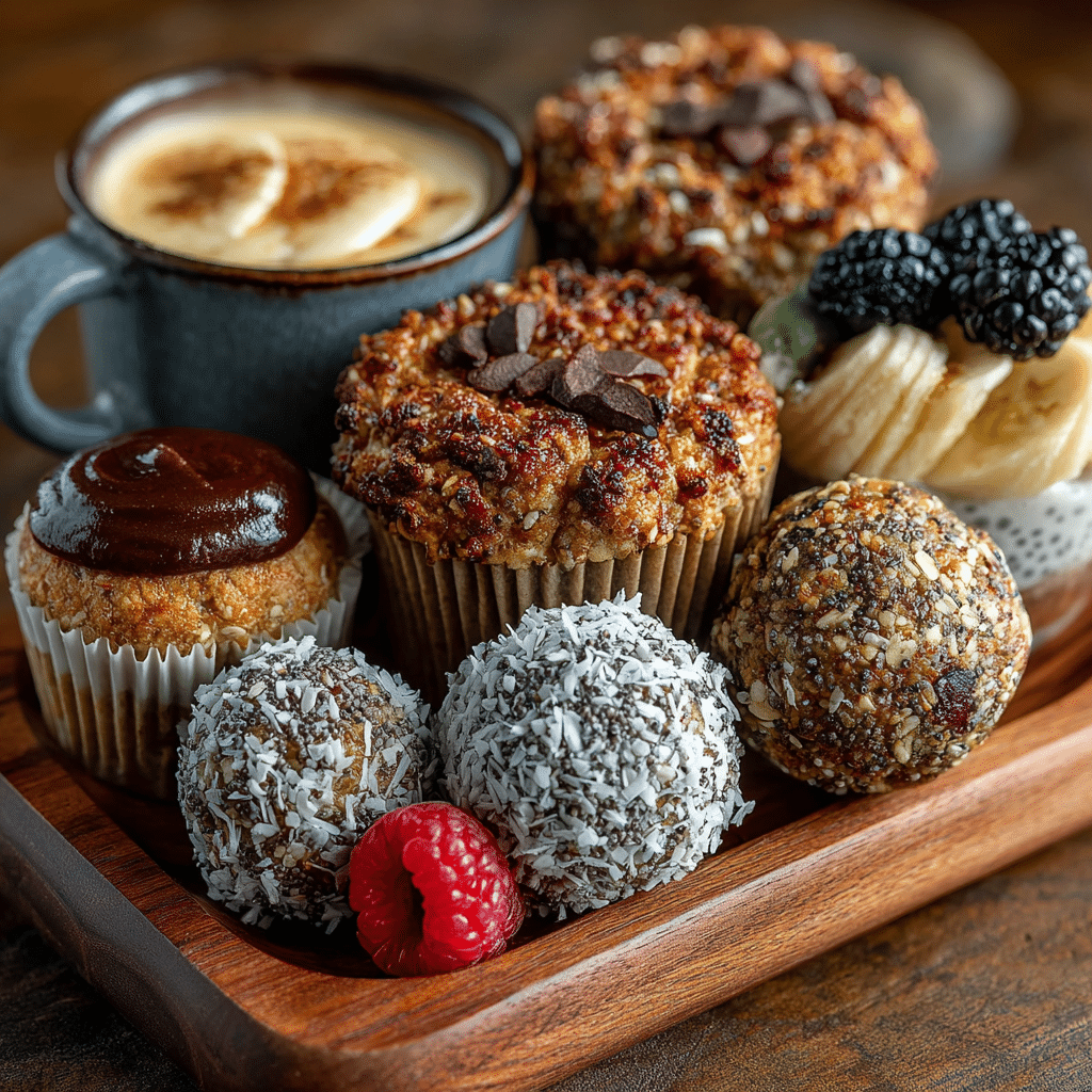 Healthy School Snacks for Back to School (Smart, Simple & Kid-Approved) 5 Tray with healthy school snacks for back to school: muffins, chia balls, banana slices, and a warm drink — perfect for meal prep.
