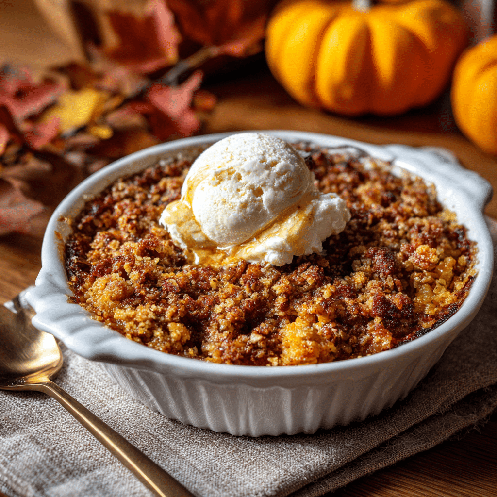 Pumpkin crisp dessert topped with vanilla ice cream and caramel drizzle on a white plate.