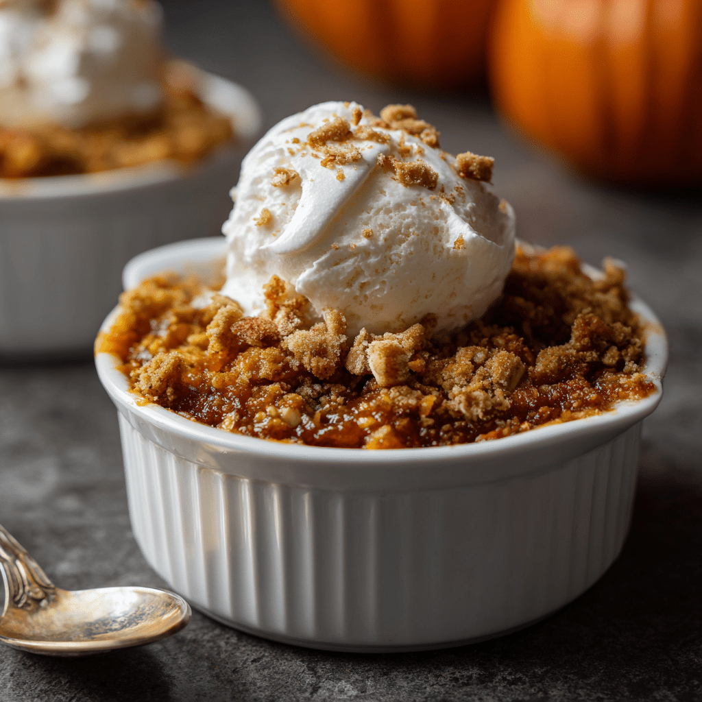 Individual pumpkin crisp in a white ramekin topped with vanilla ice cream and crumble.