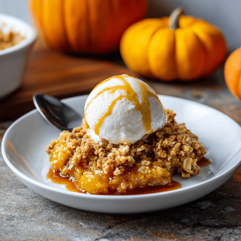 Pumpkin crisp in a white baking dish topped with vanilla ice cream and honey drizzle.