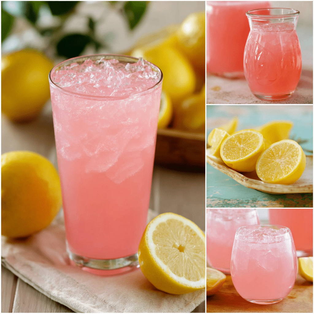 Whipped Pink Lemonade Recipe That’ll Cool You Down Fast 3 Glass of Whipped Pink Lemonade Recipe with crushed ice and fresh lemons on a neutral background.