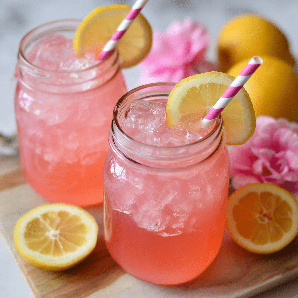 Two mason jars of Whipped Pink Lemonade Recipe with striped straws and lemon slices, surrounded by lemons and pink flowers.