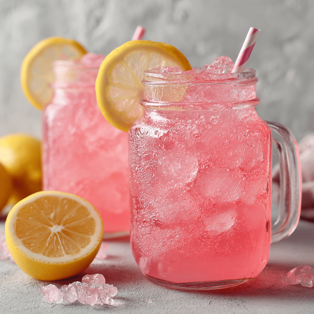 Whipped Pink Lemonade Recipe That’ll Cool You Down Fast 4 Two frosty mason jars of Whipped Pink Lemonade Recipe with lemon slices and ice, on a light background.