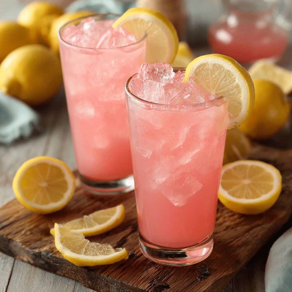 Whipped Pink Lemonade Recipe That’ll Cool You Down Fast 1 Two glasses of Whipped Pink Lemonade Recipe with lemon slices on a wooden board, surrounded by fresh lemons.