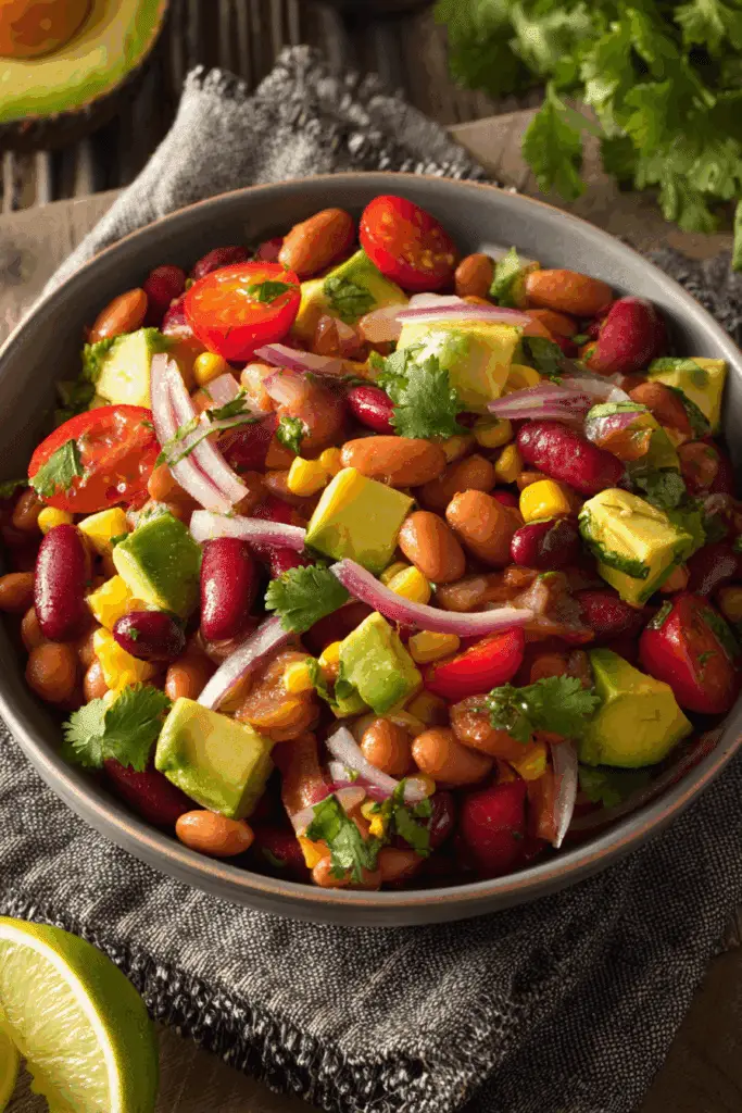 No-Cook Mexican Bean Salad (Fresh, Fast & Flavorful) 4 Bowl of Mexican bean salad with pinto beans, corn, red onion, avocado, cherry tomatoes, and fresh herbs.