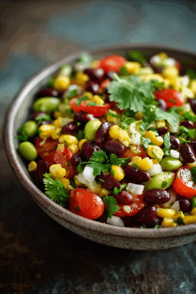 No-Cook Mexican Bean Salad (Fresh, Fast & Flavorful) 5 Close-up of Mexican bean salad with edamame, corn, kidney beans, tomatoes, onion, and fresh cilantro in a rustic bowl.