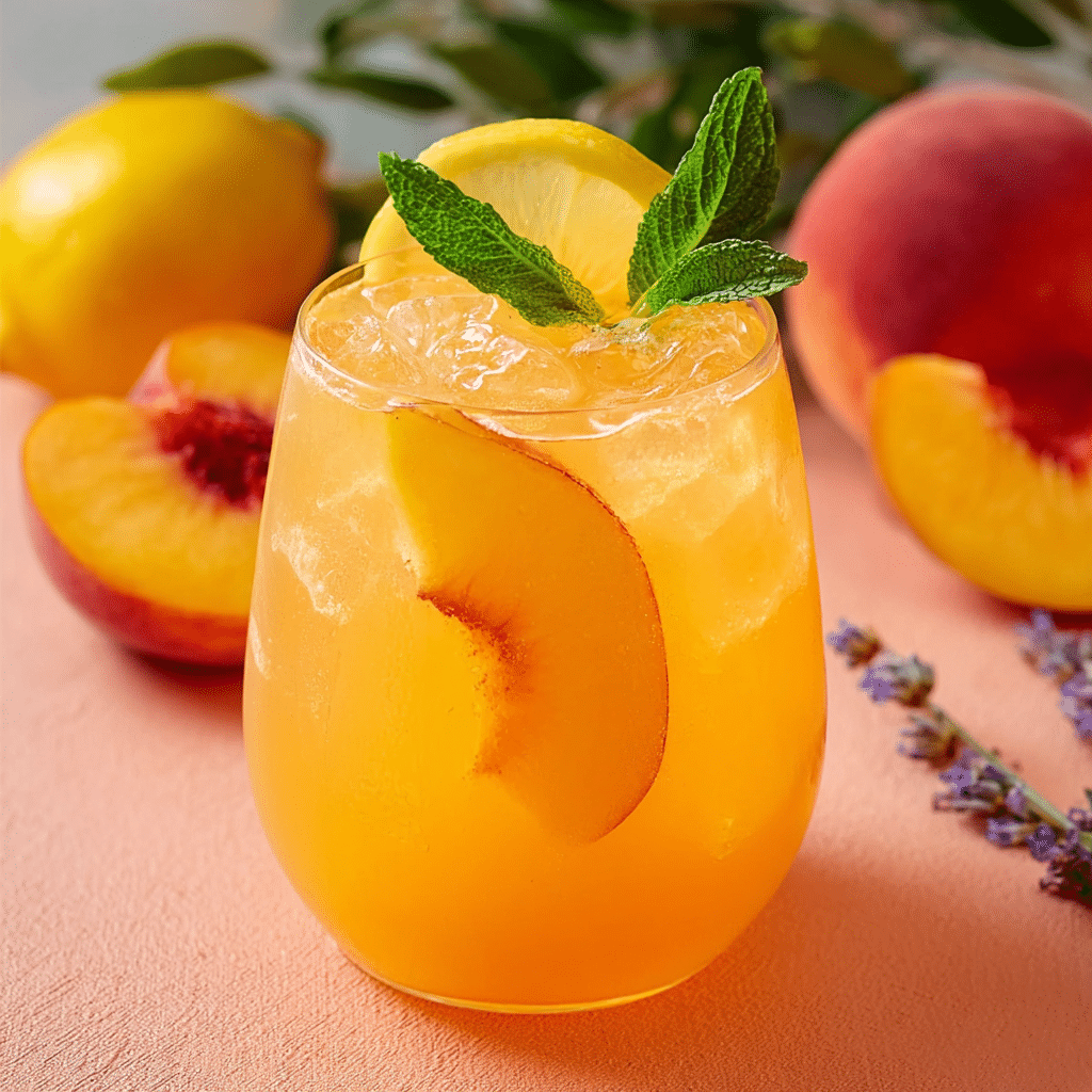 Glass of peach lemonade with ice, lemon slice, fresh peach wedge, and mint garnish.