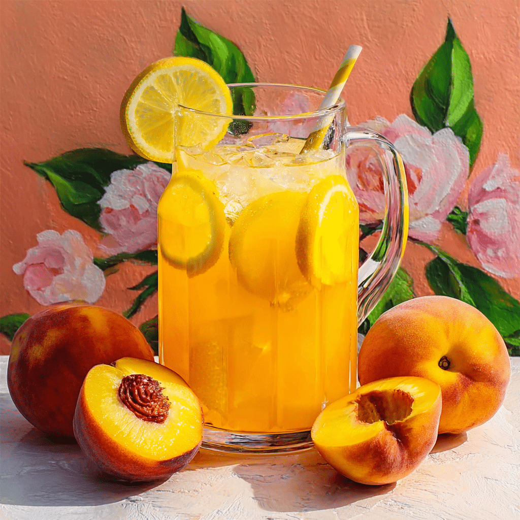 Peach Lemonade Recipe That Tastes Like Summer in a Glass 1 Glass pitcher of peach lemonade with lemon slices and whole peaches in front of a floral mural.