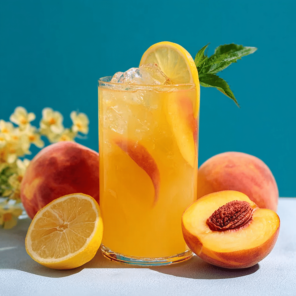 Peach Lemonade Recipe That Tastes Like Summer in a Glass 3 Tall glass of peach lemonade with peach and lemon slices, garnished with mint and surrounded by fresh fruit.