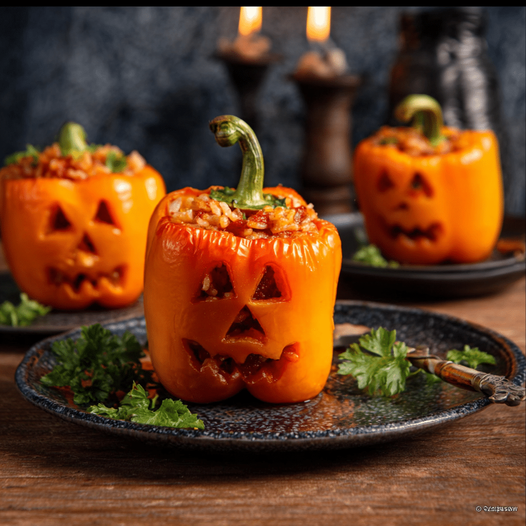 Halloween Appetizers (Witch Broomstick Snacks & Spider Web Dip) 7 Halloween stuffed bell peppers carved like jack-o’-lanterns with rice filling