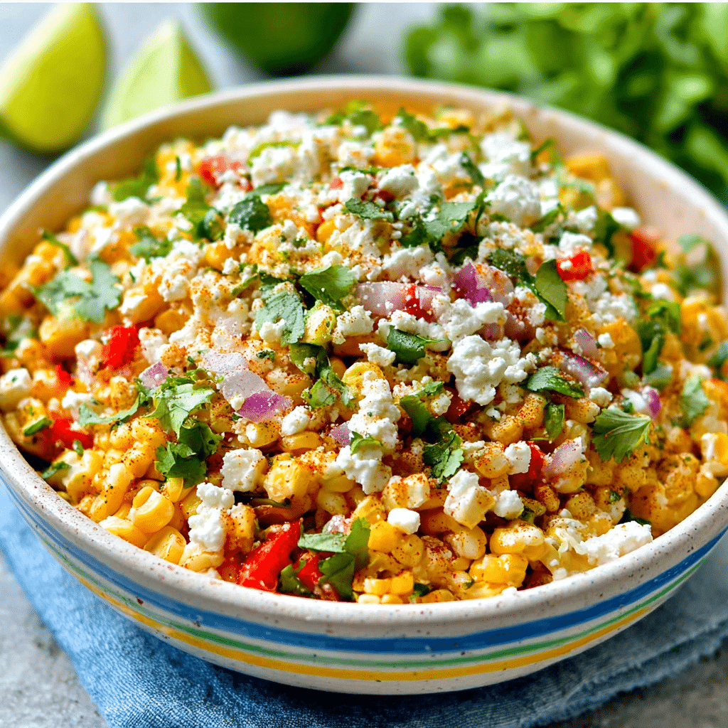 Mexican Street Corn Salad with crumbled cheese and cilantro