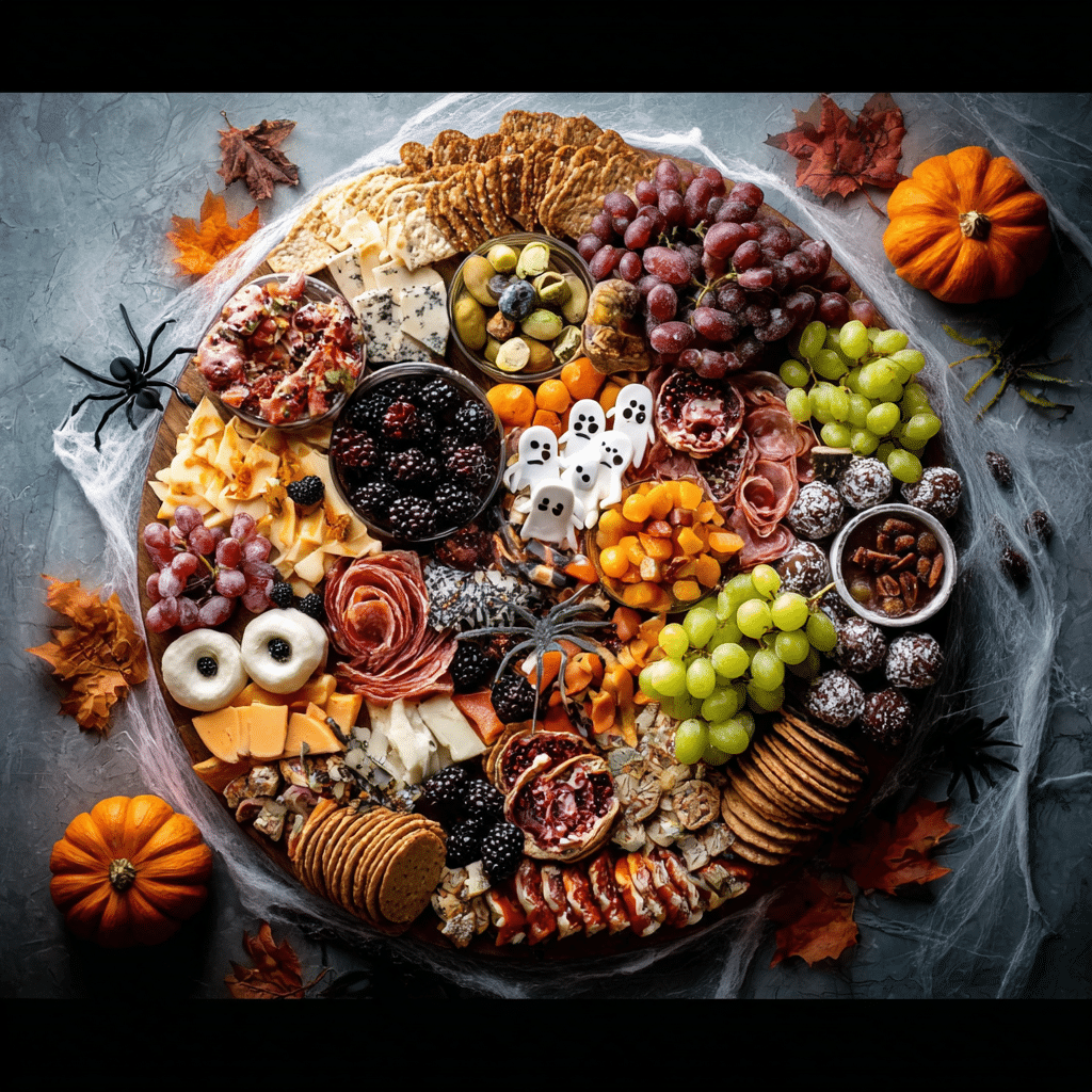 Halloween Charcuterie Board (Sweet & Savory Party Platter) 1 This Halloween charcuterie board features a creepy skull-shaped cheese surrounded by grapes, crackers, meats, cheeses, and festive Halloween treats, creating a spooky yet delicious centerpiece for your celebration.
