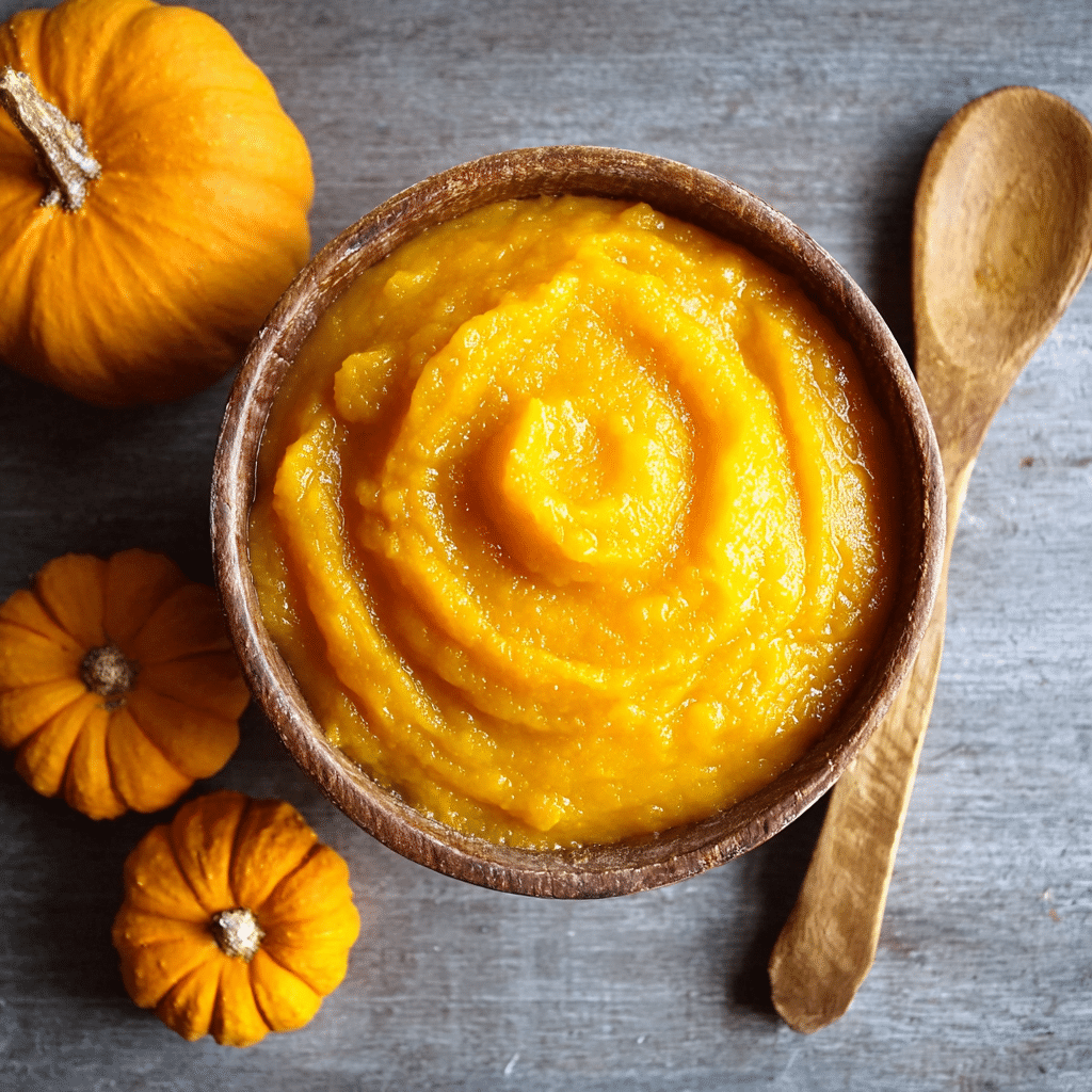 How to Make Pumpkin Puree at Home – Fresh, Easy & Delicious 1 Fresh pumpkin puree in a wooden bowl surrounded by small orange pumpkins