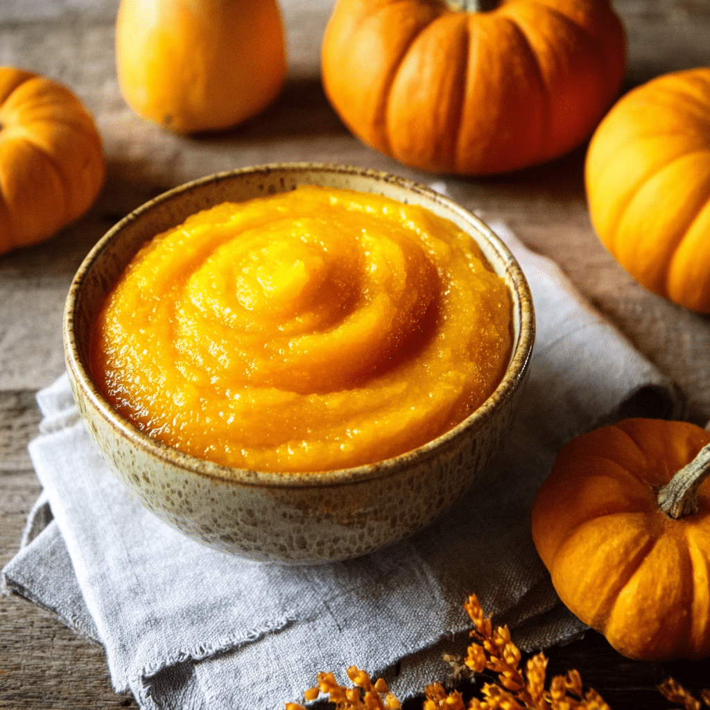 Pumpkin Recipes for Fall 2025: Sweet & Savory Ideas 12 Creamy pumpkin puree in a beige ceramic bowl with mini pumpkins on a wooden table