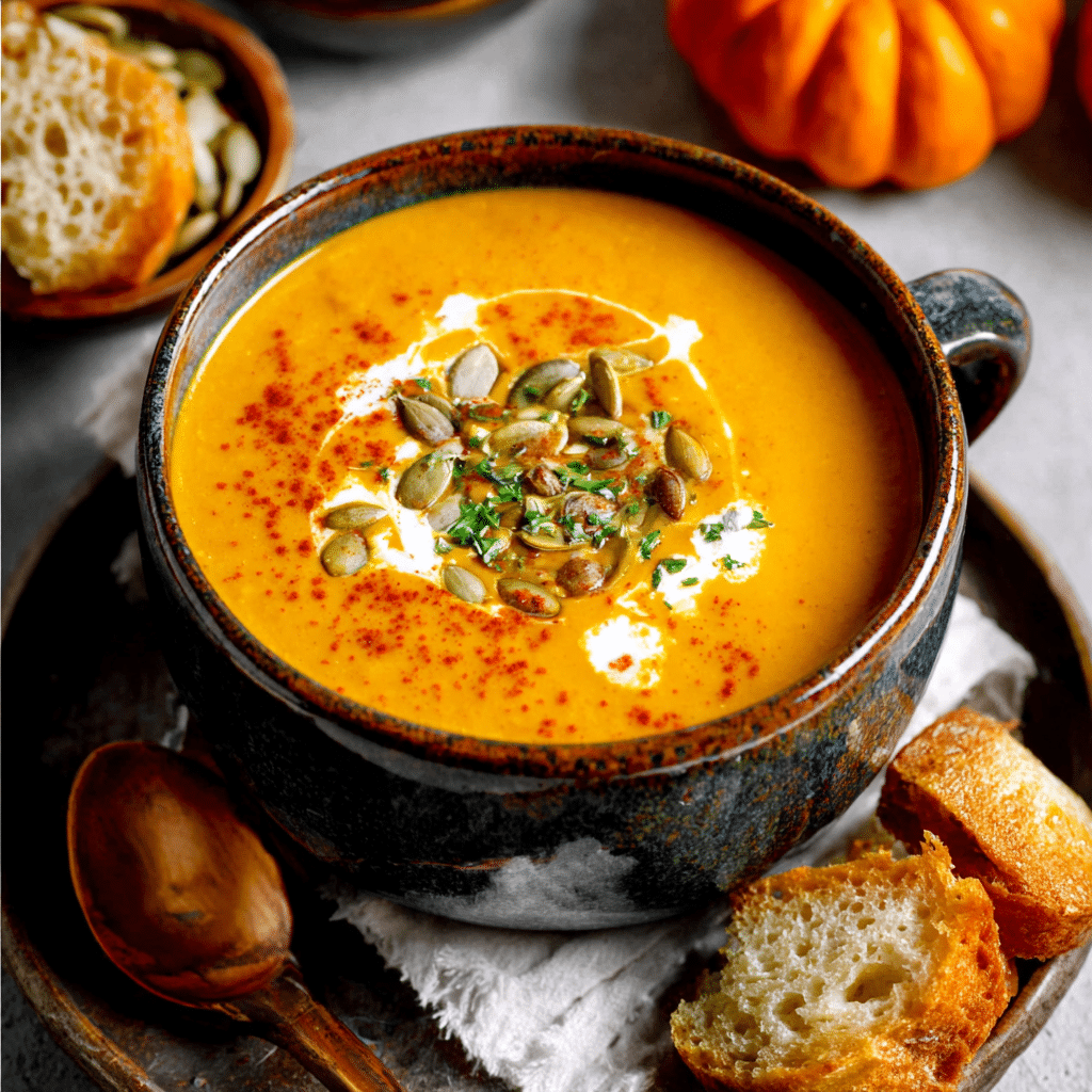 Pumpkin Soup Recipe: 3 Creamy Ideas for Fall Comfort 3 pumpkin-soup-recipe-cream-herbs.jpgPumpkin soup recipe with cream, paprika, and pumpkin seeds