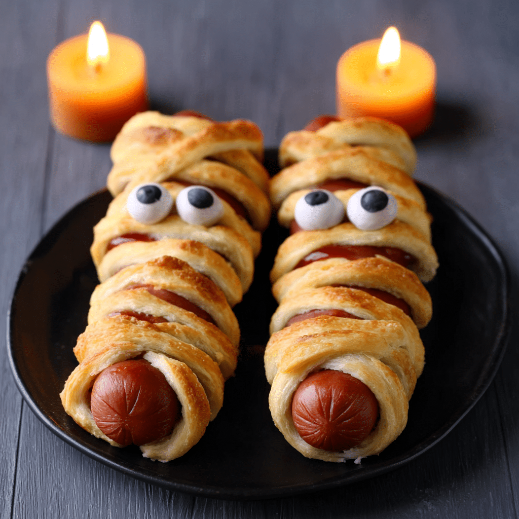 Halloween Appetizers (Witch Broomstick Snacks & Spider Web Dip) 5 Halloween mummy hot dogs wrapped in golden puff pastry with candy eyes