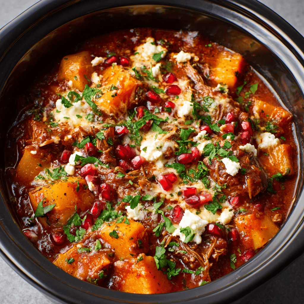 Best Crockpot Dinners for Fall Nights (Comfort in Every Bite) 1 Crockpot chili with tender beef, butternut squash, feta cheese, and pomegranate seeds — an elevated fall slow-cooked dinner.
