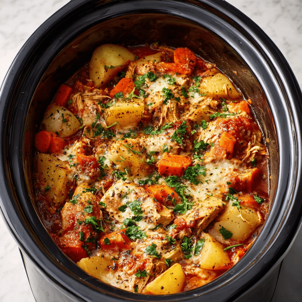 Best Crockpot Dinners for Fall Nights (Comfort in Every Bite) 5 Crockpot full of tomato-based chicken stew with carrots and potatoes, sprinkled with herbs — perfect for fall weeknights.