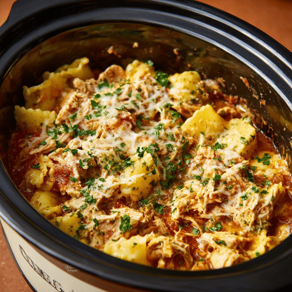 Best Crockpot Dinners for Fall Nights (Comfort in Every Bite) 4 Slow cooker filled with chicken ravioli in tomato sauce, topped with melted cheese and herbs — a cozy fall crockpot dinner idea.