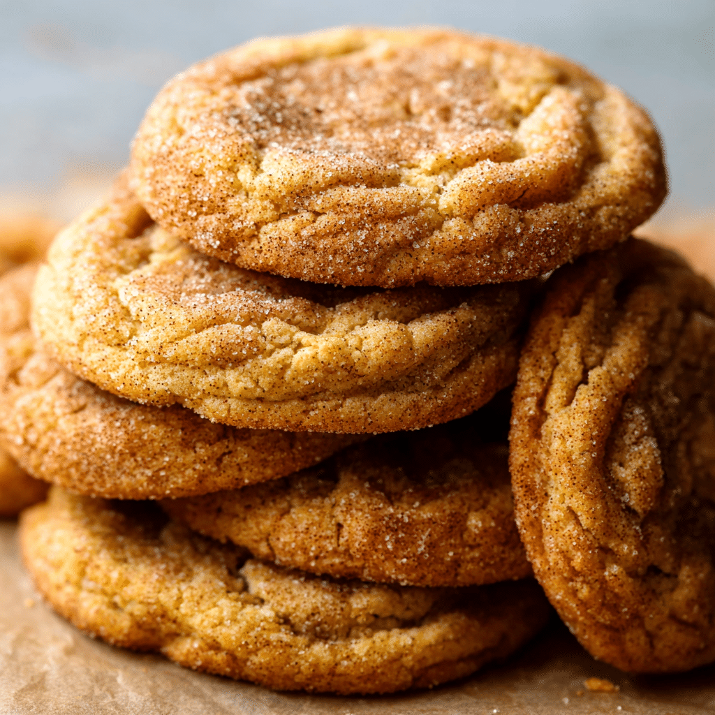 Close-up of chewy pumpkin snickerdoodle cookies stacked on parchment