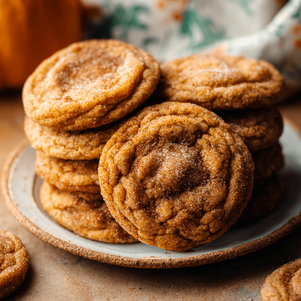 Pumpkin snickerdoodle cookies on a ceramic plate