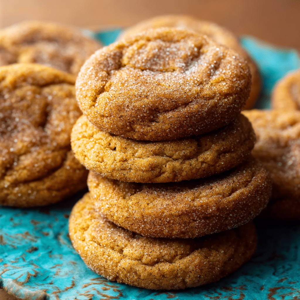 Chewy Pumpkin Snickerdoodle Cookies – Soft, Spiced & Irresistible 1 Stack of chewy pumpkin snickerdoodle cookies on a turquoise plate