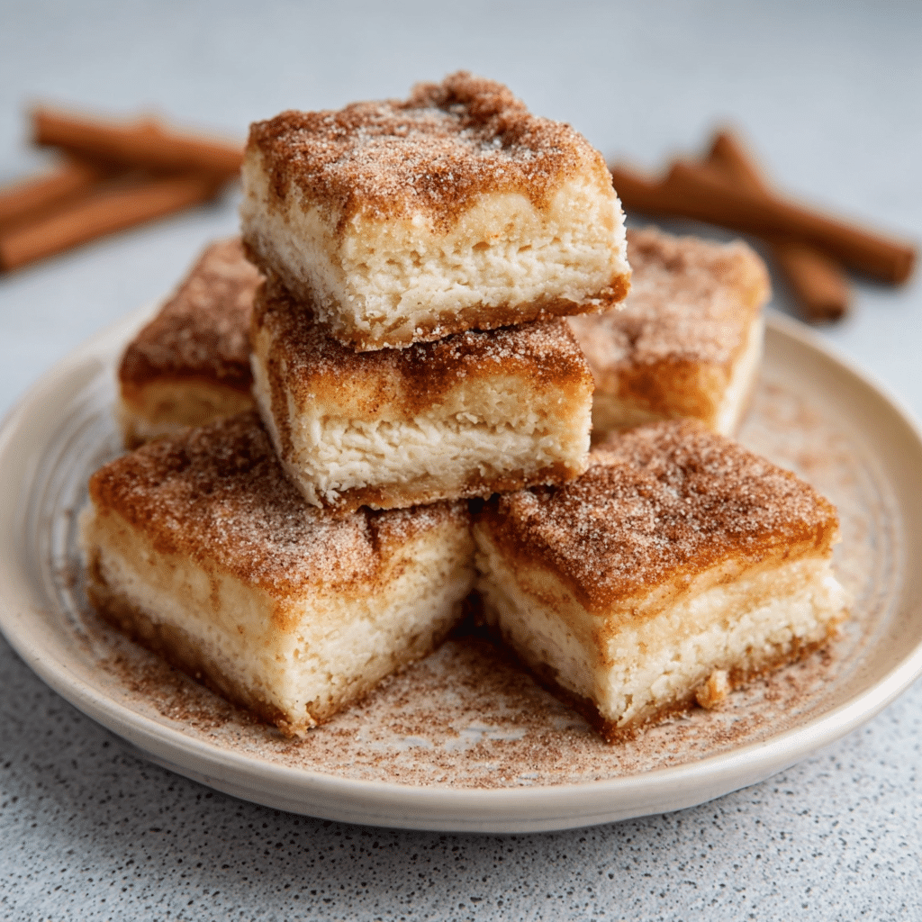 Stack of gooey churro cheesecake bars dusted with cinnamon sugar on a plate.