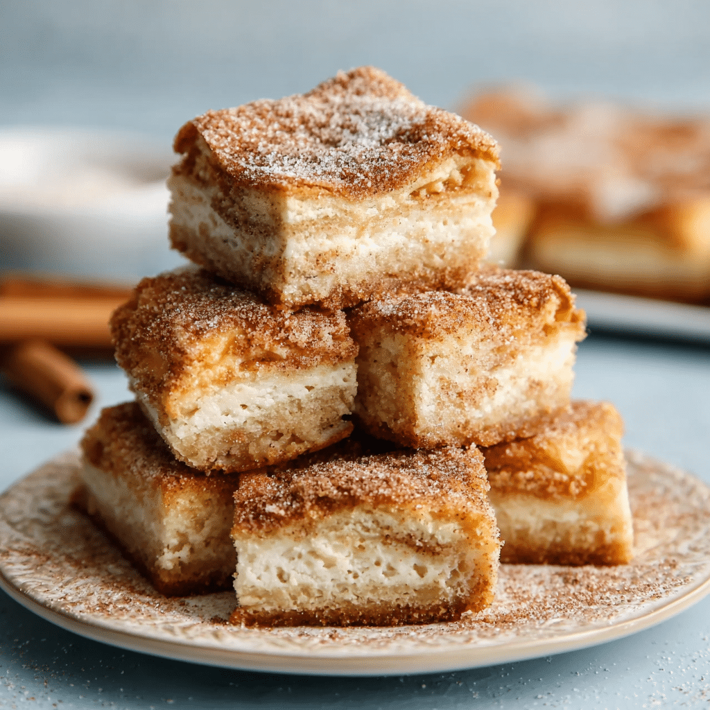 Churro Cheesecake Bars That Wow Every Guest With Sweet Cinnamon Magic 3 Pile of churro cheesecake squares with cinnamon-sugar topping and layered creamy center.