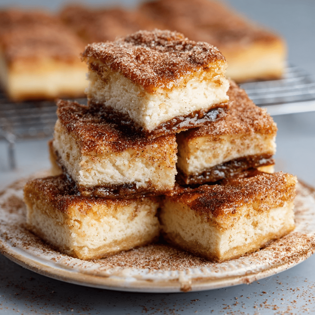 Churro Cheesecake Bars That Wow Every Guest With Sweet Cinnamon Magic 1 Close-up of churro cheesecake bars showing thick layers of filling and cinnamon crust.