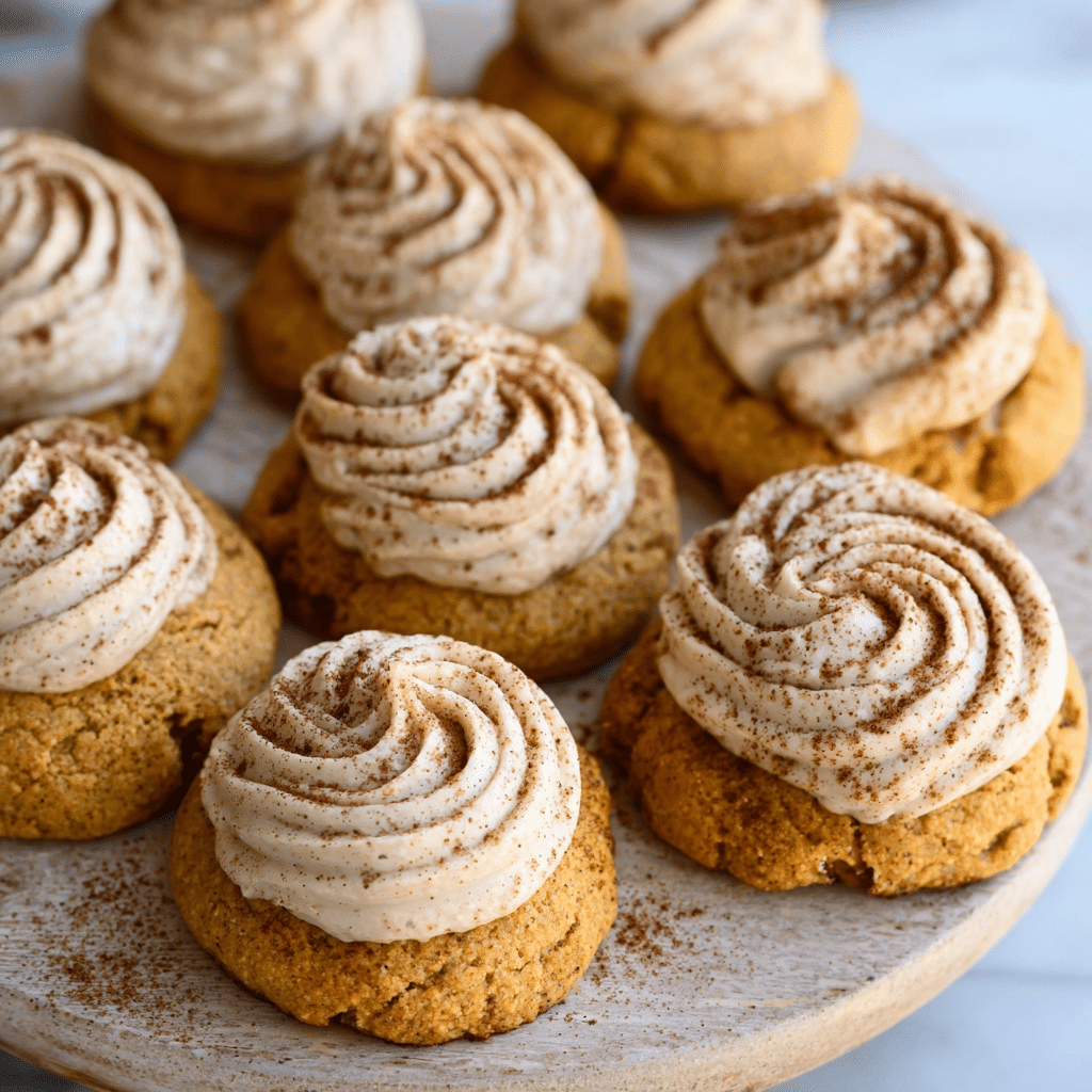 Soft pumpkin cookies with cinnamon frosting on a wooden board, one cookie with a bite taken out.